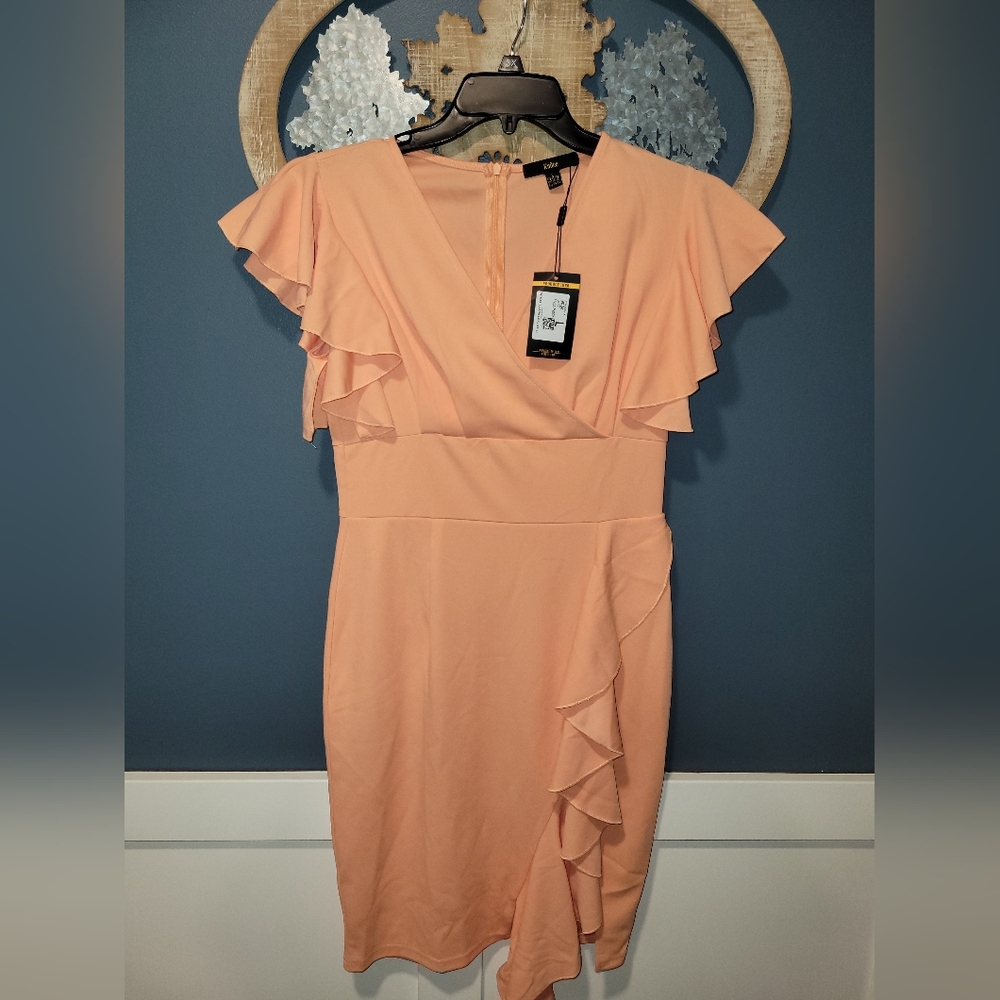 *Knitee NWT Deep-V Neck Ruffle Sleeves Cocktail Party Pencil Slit Formal Dress.